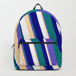 [ Thumbnail: Eyecatching Teal, Slate Blue, Tan, White, and Dark Blue Colored Stripes Pattern Backpack ]