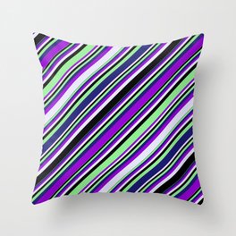 [ Thumbnail: Vibrant Dark Violet, Lavender, Black, Light Green & Midnight Blue Colored Lines Pattern Throw Pillow ]