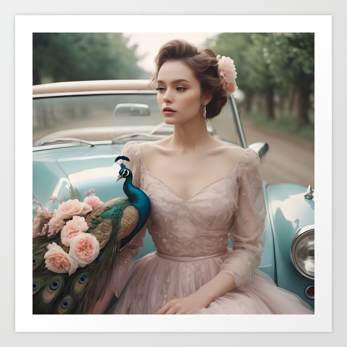 Whispers of Nostalgia: Pastel Beauty, Peacock, and Classic Car Art Print