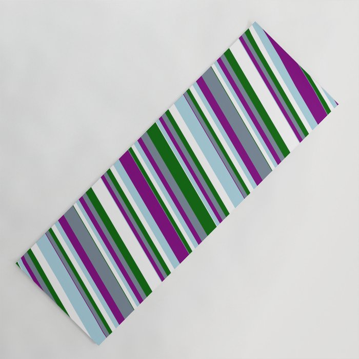 Light Blue, Purple, Light Slate Gray, Dark Green & White Colored Striped Pattern Yoga Mat