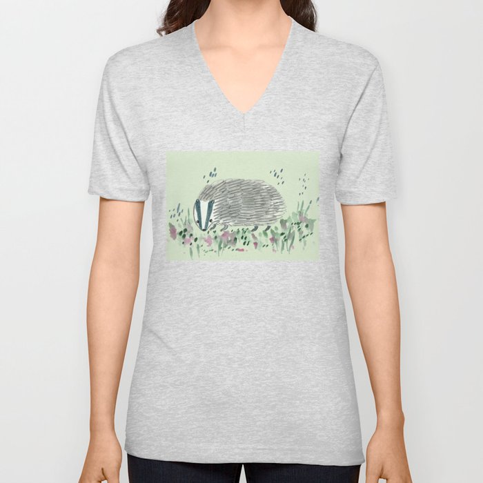 Badger in Grass V Neck T Shirt