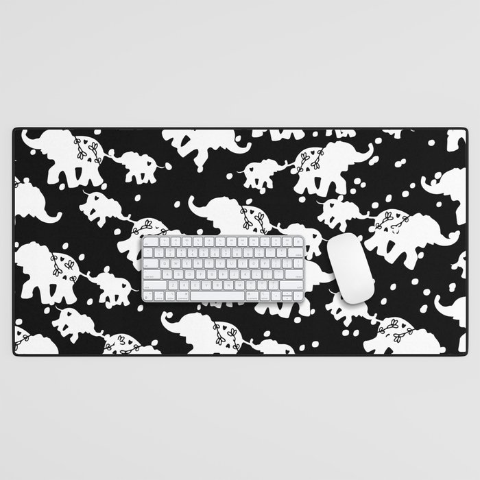 Modern Abstract Black White Polka Dots Floral Cute Elephant Desk Mat
