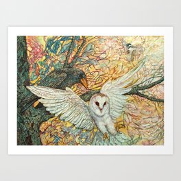 The Playground _ Raven, Owl, Chickadee Art Print