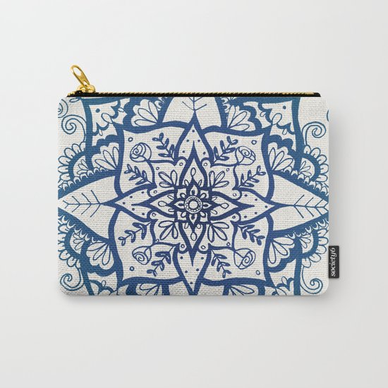 Blue Floral Pattern on Cream Carry-All Pouch