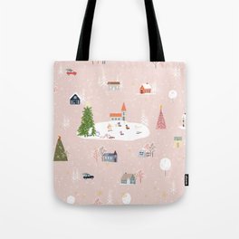 Seamless pattern Cute Christmas landscape in the town with fairy tale houses,car,polar bear playing ice skates and Christmas trees,Panorama flat design in village on Christmas eve Tote Bag