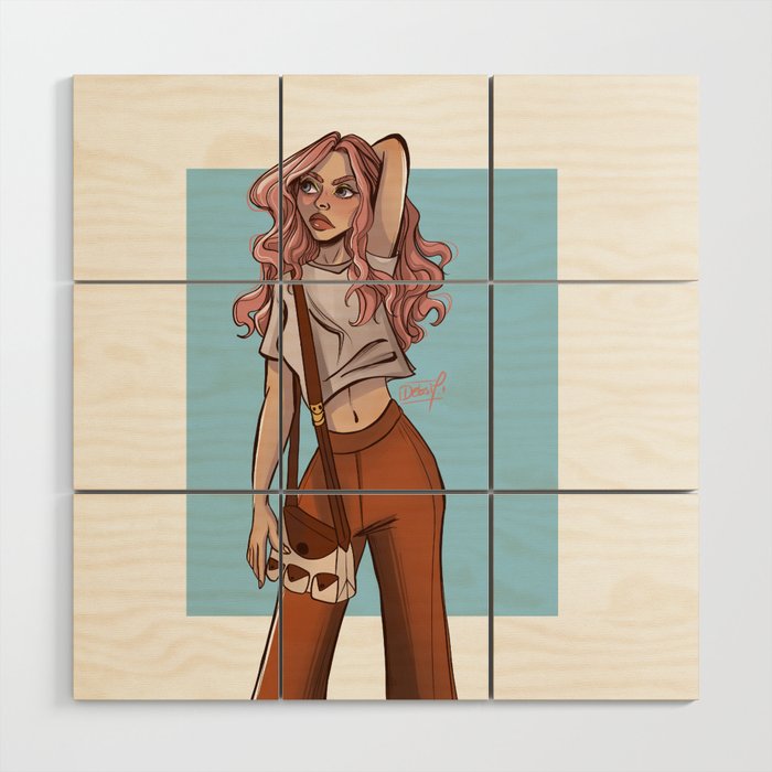 Pink Hair Girl Illustration Wood Wall Art