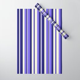 [ Thumbnail: Beige, Medium Slate Blue & Midnight Blue Colored Lined Pattern Wrapping Paper ]