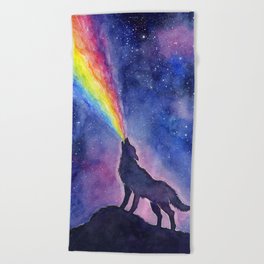 Galaxy Wolf Howling Rainbow Beach Towel