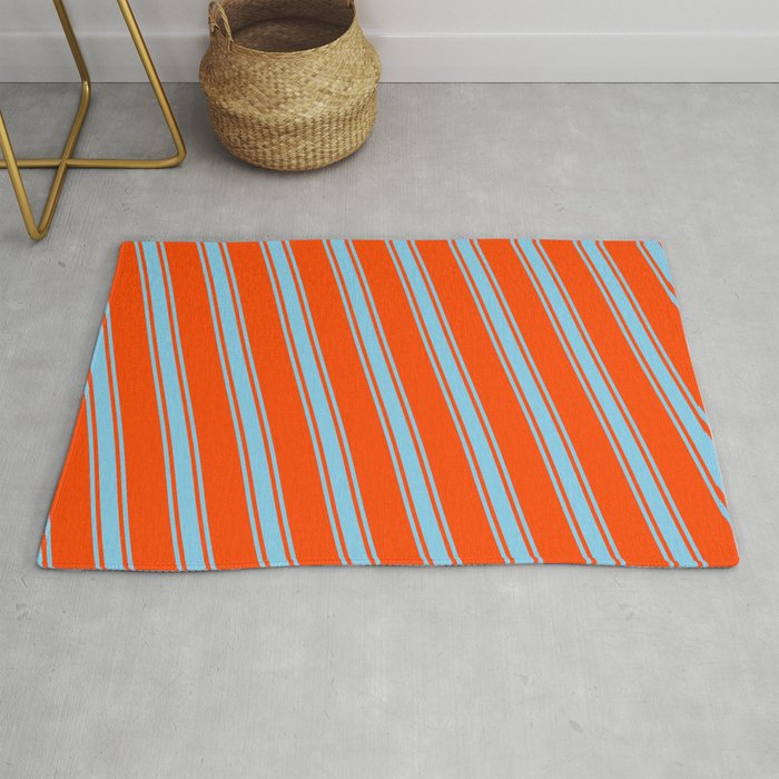 Red and Sky Blue Colored Pattern of Stripes Rug