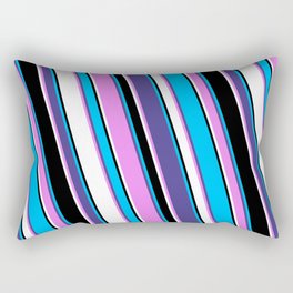 [ Thumbnail: Deep Sky Blue, Dark Slate Blue, Violet, White & Black Colored Lines/Stripes Pattern Rectangular Pillow ]