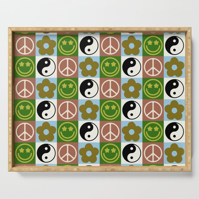 Checked Symbols Pattern (SMILEY FACE \ YIN YANG \ PEACE SYMBOL \ FLOWER) Serving Tray