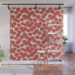 Modern Poppy Flowers Pattern // Poppy Red, Green, Black and White Wall Mural