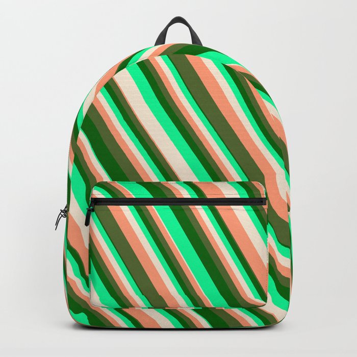 Vibrant Green, Beige, Light Salmon, Dark Olive Green & Dark Green Colored Striped/Lined Pattern Backpack