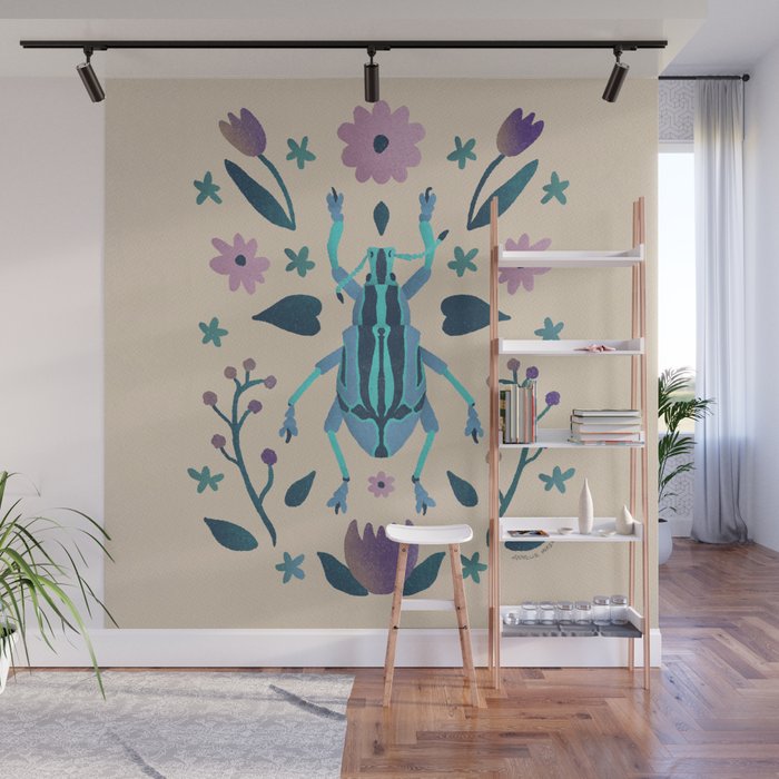 Bright Beetle with Purple Flowers Wall Mural