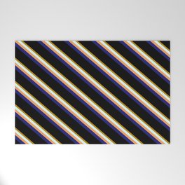 [ Thumbnail: Vibrant Dark Goldenrod, Light Cyan, Brown, Midnight Blue & Black Colored Stripes/Lines Pattern Welcome Mat ]