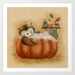 Cute Owl in a Pumpkin Bath // Cozy Autumn  Art Print