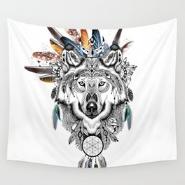 Bohemian Wolf with Feather Headdress Wall Tapestry