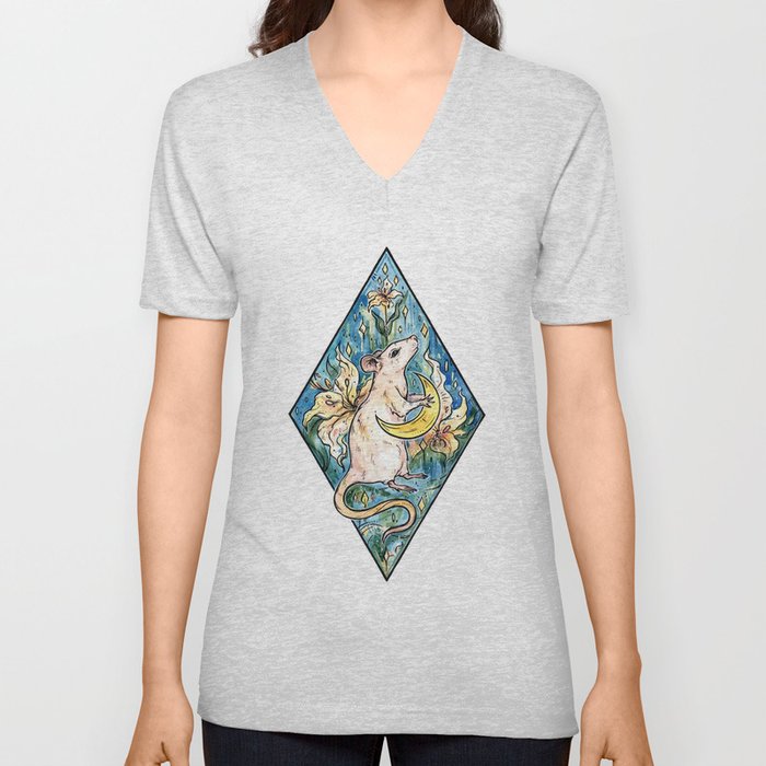 Rat with moon and lily ~ watercolor illustration V Neck T Shirt