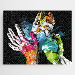 Festival Holi poster with a hands and bright paint on black background. illustration. Jigsaw Puzzle