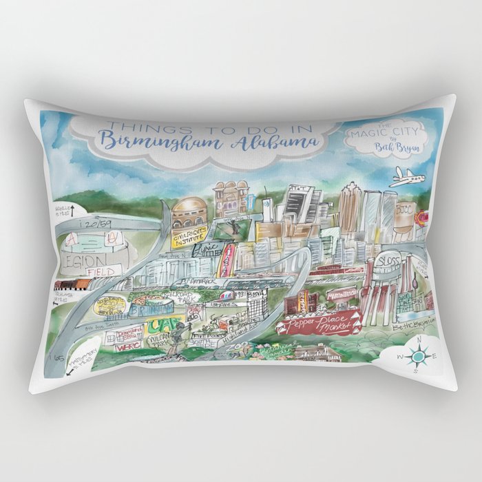 Cartoon Map of Birmingham, Alabama Landmarks Rectangular Pillow