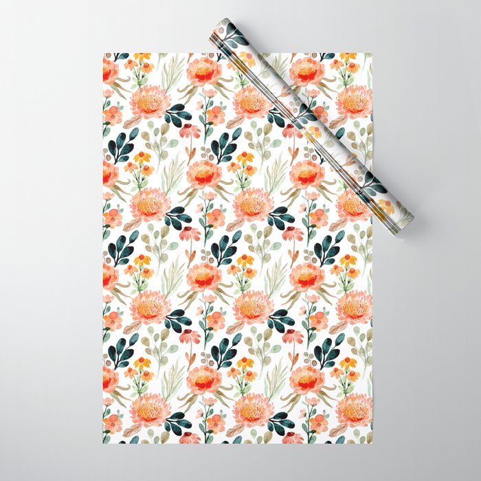 Orange Watercolor flowers Wrapping Paper