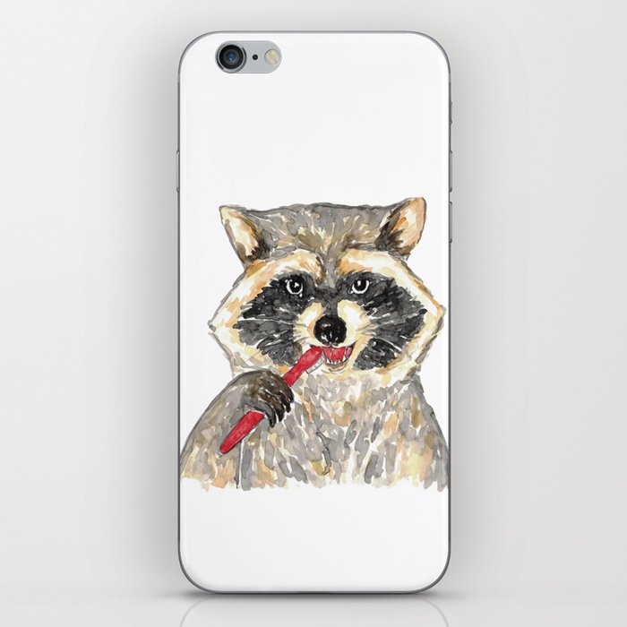 Raccoon brushing teeth bath watercolor iPhone Skin
