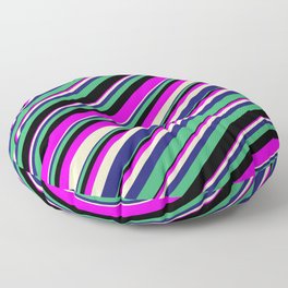 [ Thumbnail: Eyecatching Fuchsia, Bisque, Midnight Blue, Sea Green & Black Colored Lines/Stripes Pattern Floor Pillow ]