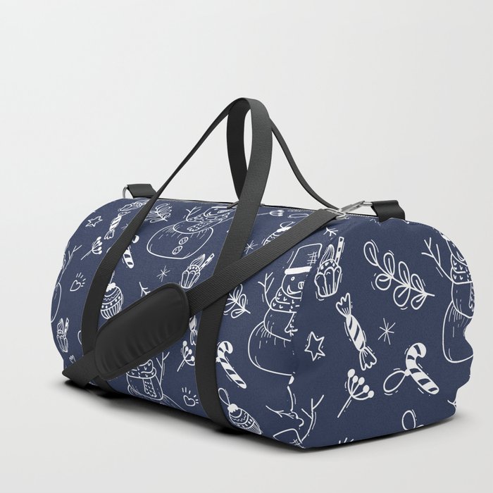Navy Blue and White Christmas Snowman Doodle Pattern Duffle Bag