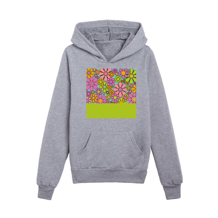 Retro Garden Flowers 60s 70s Colorful Floral Pattern Chartreuse Cuff Kids Pullover Hoodie