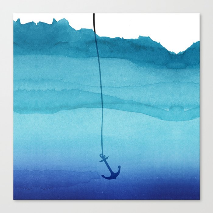 Cute Sinking Anchor in Sea Blue Watercolor Canvas Print