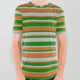 [ Thumbnail: Grey, Chocolate, and Green Colored Lined Pattern All Over Graphic Tee ]