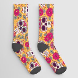 Skull and Flowers. Seamless Background. Mexican day of the dead. Freehand drawing Socks