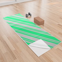 [ Thumbnail: Green and Light Gray Colored Striped Pattern Yoga Towel ]