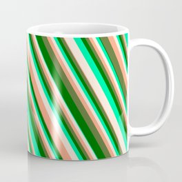 [ Thumbnail: Vibrant Green, Beige, Light Salmon, Dark Olive Green & Dark Green Colored Striped/Lined Pattern Coffee Mug ]