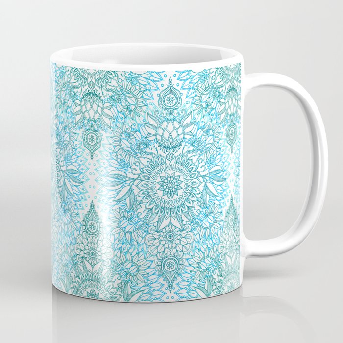Turquoise Blue, Teal & White Protea Doodle Pattern Coffee Mug