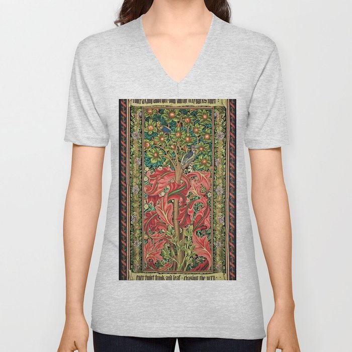 William Morris woodpecker in orange tree garden floral pattern 19th century print for duvet, pillow, curtain, art, and home and wall decor V Neck T Shirt