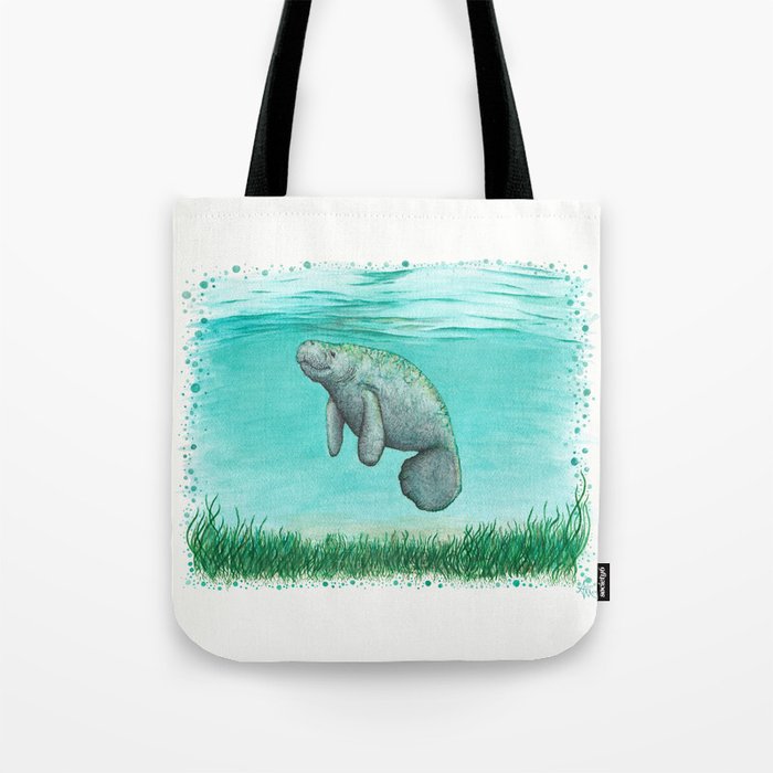 "Mossy Manatee" by Amber Marine ~ Watercolor & Ink Painting, (Copyright 2016) Tote Bag