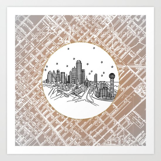 Dallas, Texas City Skyline Illustration Drawing Art Print