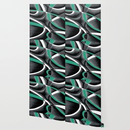 Eighties Turquoise White Grey Line Curve Pattern On Black Wallpaper