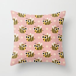  Cute Bees with sunshine and flowers Pink Throw Pillow