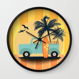 Retro Surfer Pick-up Truck Summer Palm Tree Wall Clock