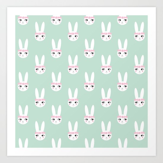 Bunny Rabbit mint spring cute character illustration nursery kids minimal floral crown Art Print
