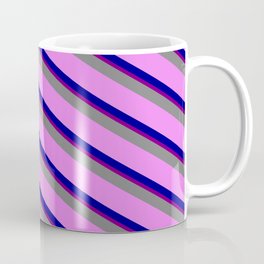[ Thumbnail: Grey, Violet, Dark Blue & Purple Colored Lined Pattern Coffee Mug ]