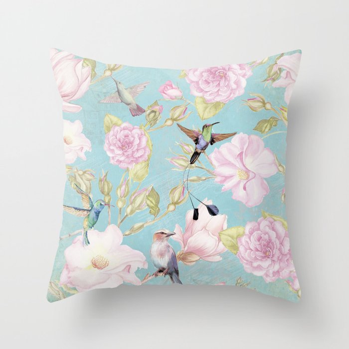 Pastel Teal Vintage Roses and Hummingbird Pattern Throw Pillow