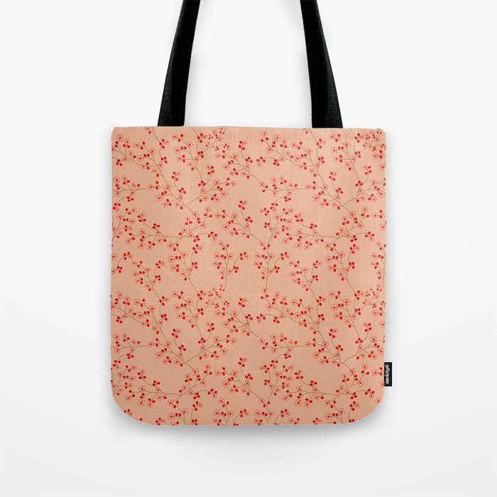 Исходный текст Blooming cherry twigs with rat berries on a beige background. Botanical composition.  Tote Bag