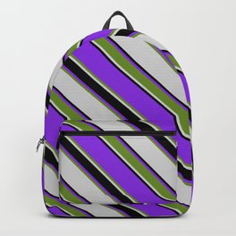 [ Thumbnail: Purple, Green, Light Gray & Black Colored Lines/Stripes Pattern Backpack ]