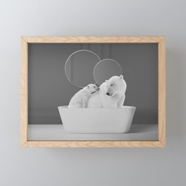 Mama and baby polar bears in bathtub bathroom black and white photograph Framed Mini Art Print
