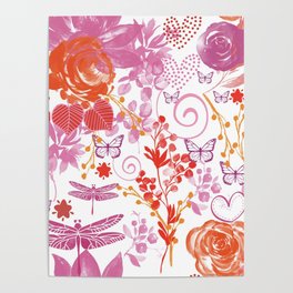 Red kitsch watercolor floral Poster