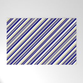 [ Thumbnail: Vibrant Dark Slate Blue, Dark Gray, Dark Blue, White, and Pale Goldenrod Colored Striped Pattern Welcome Mat ]