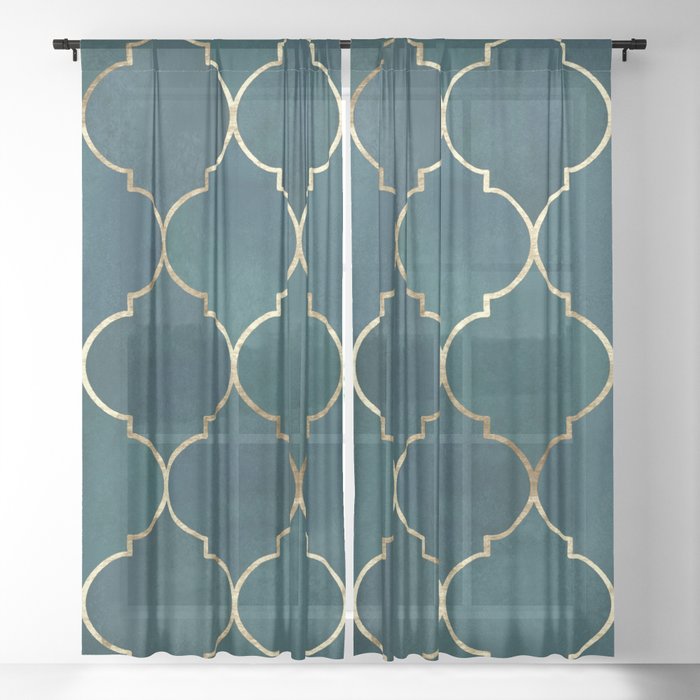 Emerald Golden Moroccan Quatrefoil Pattern II Sheer Curtain